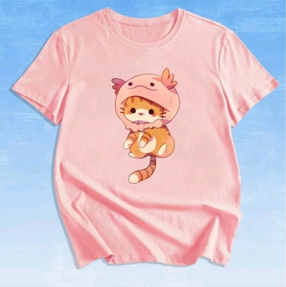Pink women’s size XL t-shirt with orange cartoon cat wearing Pokémon hat